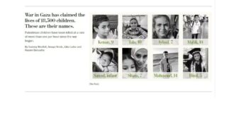 Copertina di Il Washington Post pubblica tutti i nomi (che conosciamo) dei bambini morti a Gaza: sono più di 18mila, “uno all’ora”