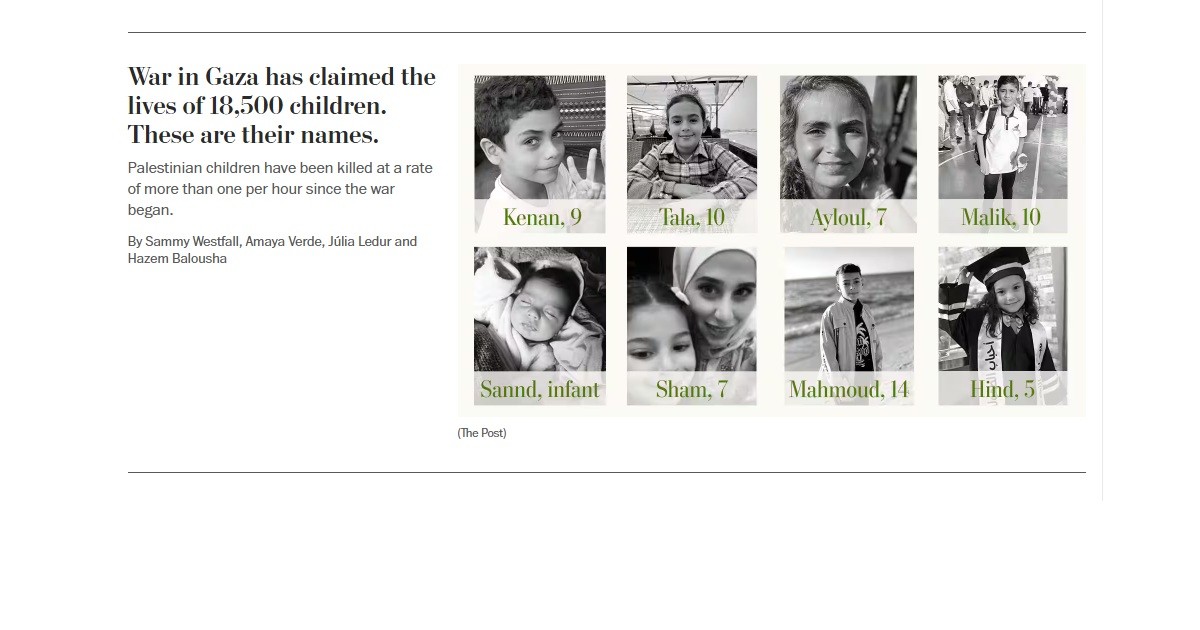 Il Washington Post pubblica tutti i nomi (che conosciamo) dei bambini morti a Gaza: sono più di 18mila, “uno all’ora” Il Washington Post pubblica tutti i nomi (che conosciamo) dei bambini morti a Gaza: sono più di 18mila, “uno all’ora”