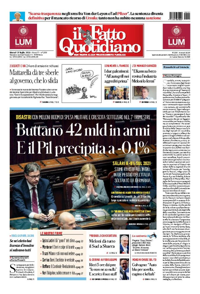 Copertina de Il Fatto Quotidiano di Gio 31 Luglio 2025