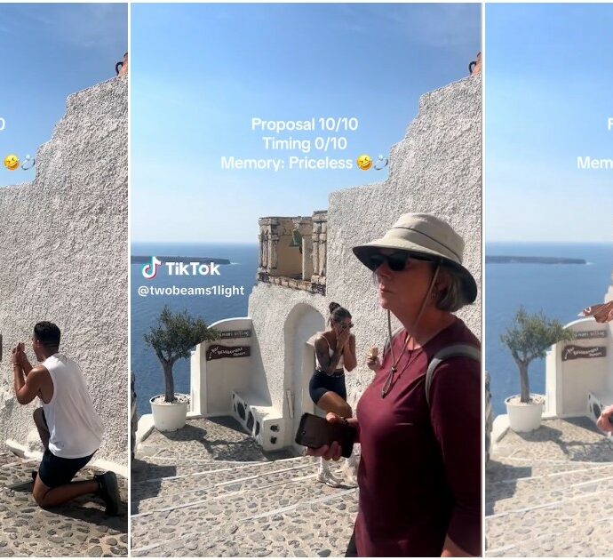 La proposta di matrimonio a Santorini è un disastro: così una barretta di cioccolato rovina il video (virale)