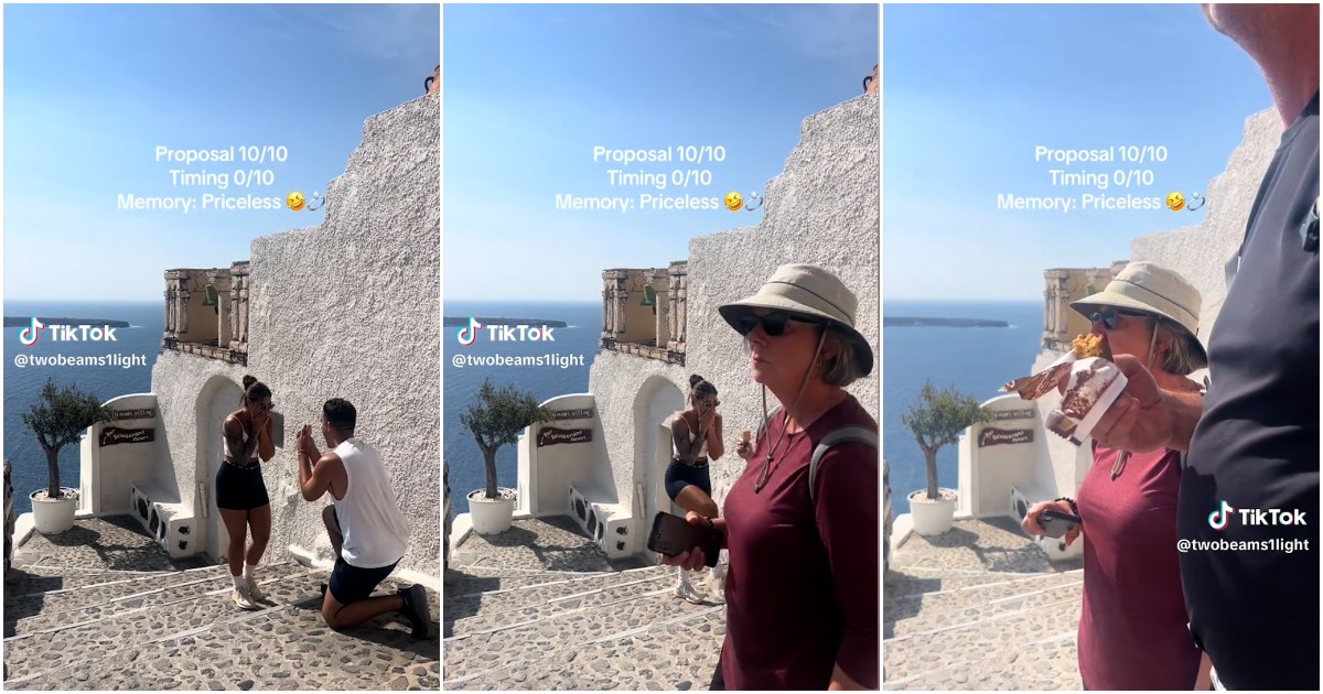 La proposta di matrimonio a Santorini è un disastro: così una barretta di cioccolato rovina il video (virale) La proposta di matrimonio a Santorini è un disastro: così una barretta di cioccolato rovina il video (virale)