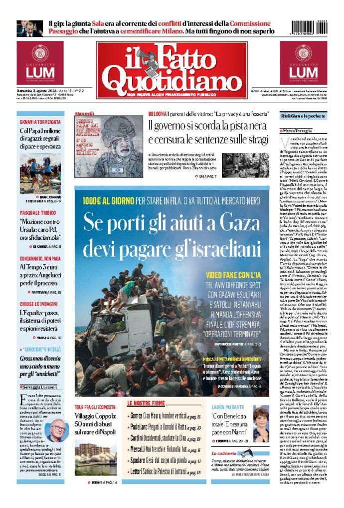 Copertina de Il Fatto Quotidiano di Dom 3 Agosto 2025