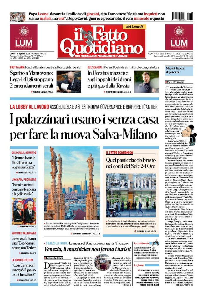 Copertina de Il Fatto Quotidiano di Lun 4 Agosto 2025