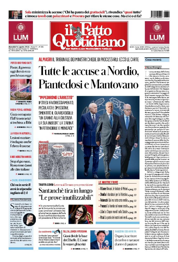 Copertina de Il Fatto Quotidiano di mercoledì 6 Agosto 2025