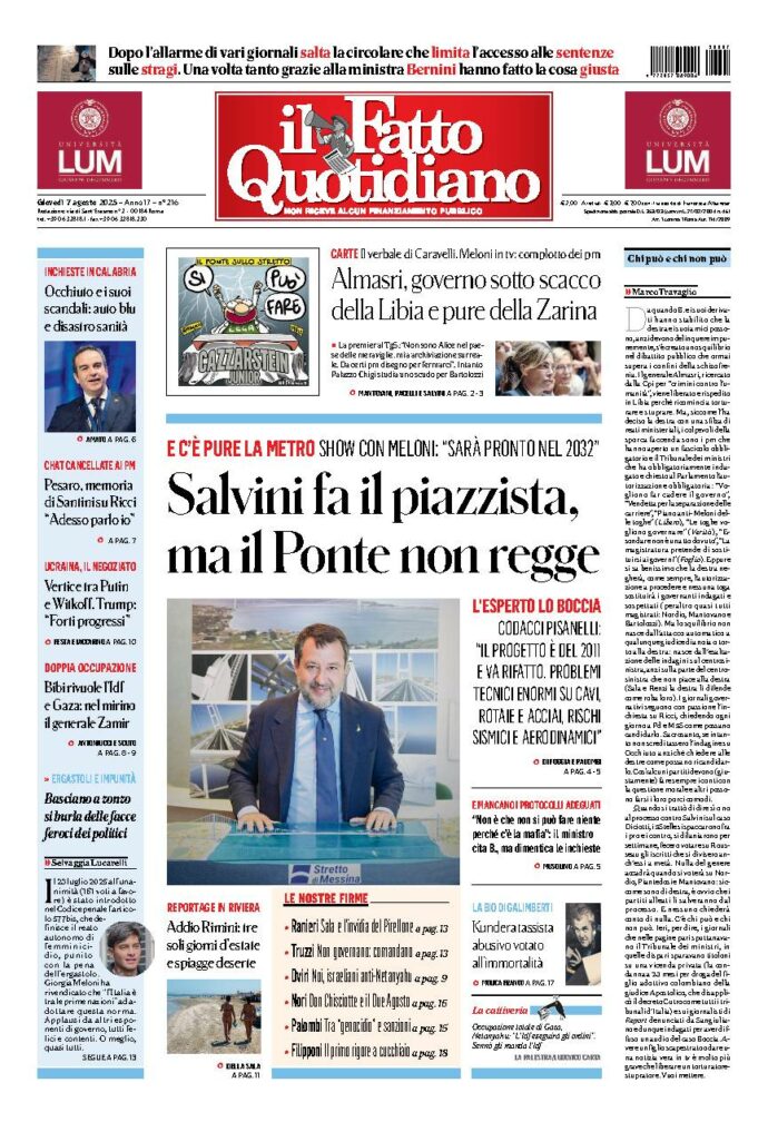 Copertina de Il Fatto Quotidiano di Gio 7 Agosto 2025