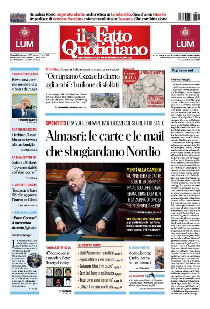Copertina de Il Fatto Quotidiano di Ven 8 Agosto 2025