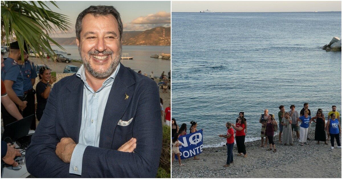 salvini festeggia a messina il s236 al ponte ad attenderlo un gruppo di contestatori lo stretto non si tocca