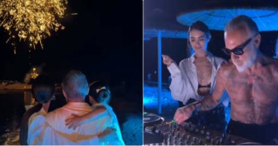 Copertina di “Diventiamo vecchi perché smettiamo di giocare”: Gianluca Vacchi festeggia il compleanno con due torte, fuochi d’artificio e un ospite d’eccezione