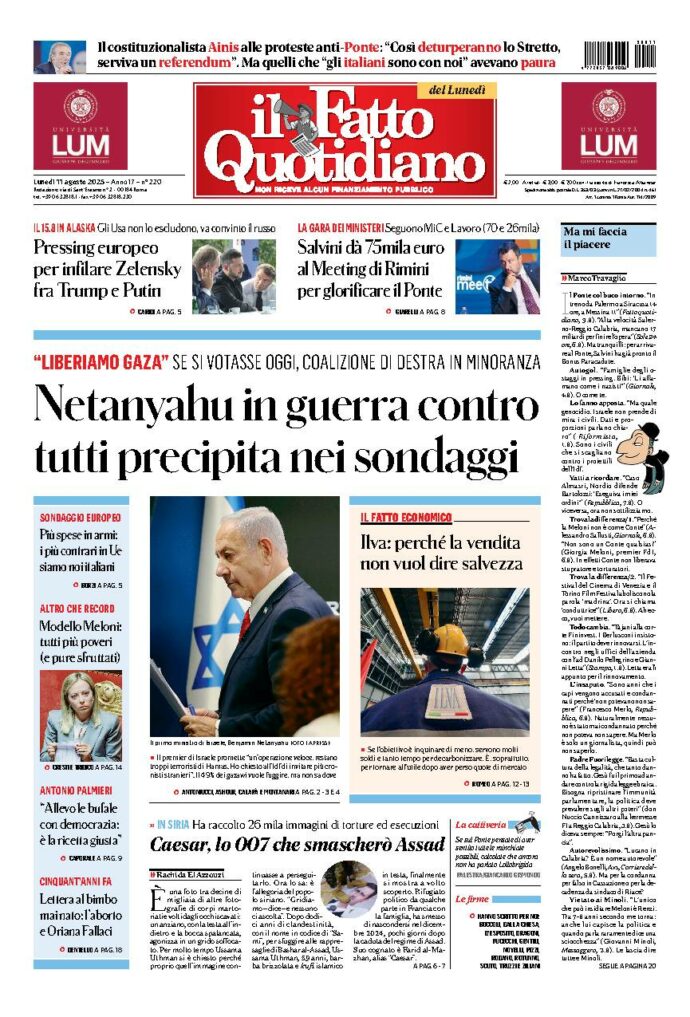 Copertina de Il Fatto Quotidiano di lunedì 11 Agosto 2025