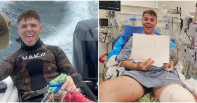 Copertina di “Uno squalo toro di due metri e mezzo mi ha squarciato il ginocchio. Senza i miei amici sarei morto”: il racconto di Chad Armand