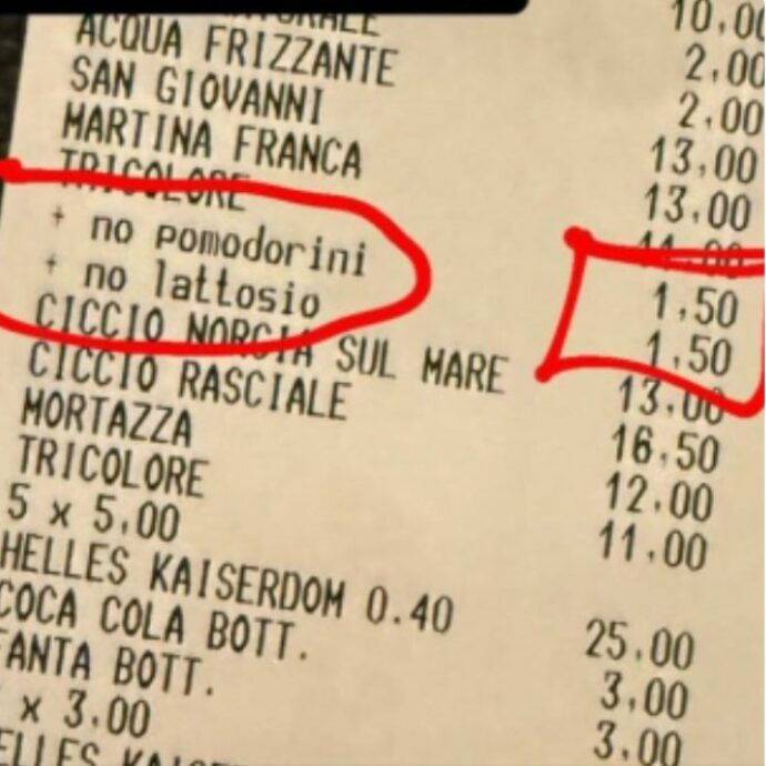 “Ho pagato 1,50 euro in più per aver fatto togliere i pomodorini dalla pizza, ma è legale?”: lo ‘scontrino pazzo’ di Elena Di Liddo diventa virale