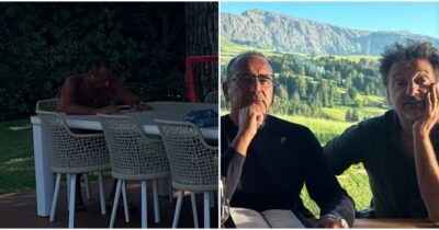 Copertina di “Qualcuno riesce a vederlo?”: Carlo Conti si “mimetizza” nella notte, la moglie Francesca lo fotografa di nascosto. L’ironia di Pieraccioni: “Ormai è nero mimetico”