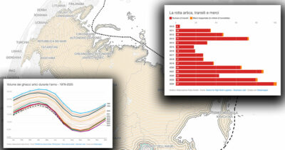 Copertina di Lo scioglimento dei ghiacci e la crescita del traffico sulla nuova rotta Artica: i numeri e le mappe