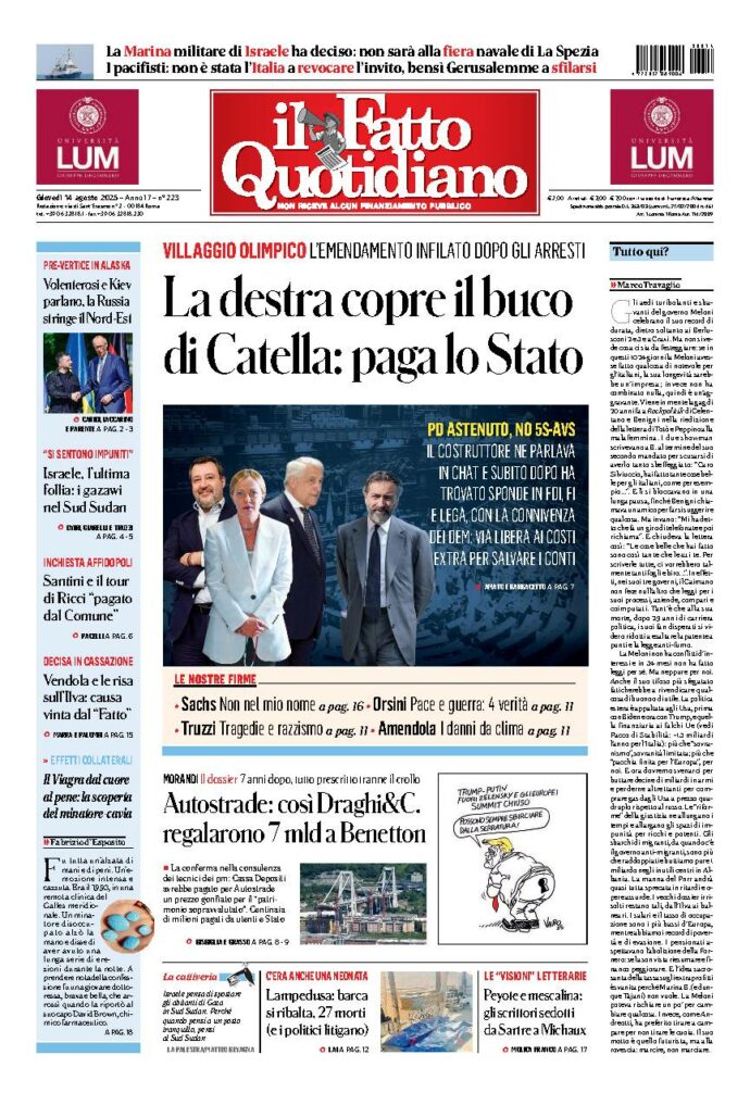 Copertina de Il Fatto Quotidiano di Gio 14 Agosto 2025