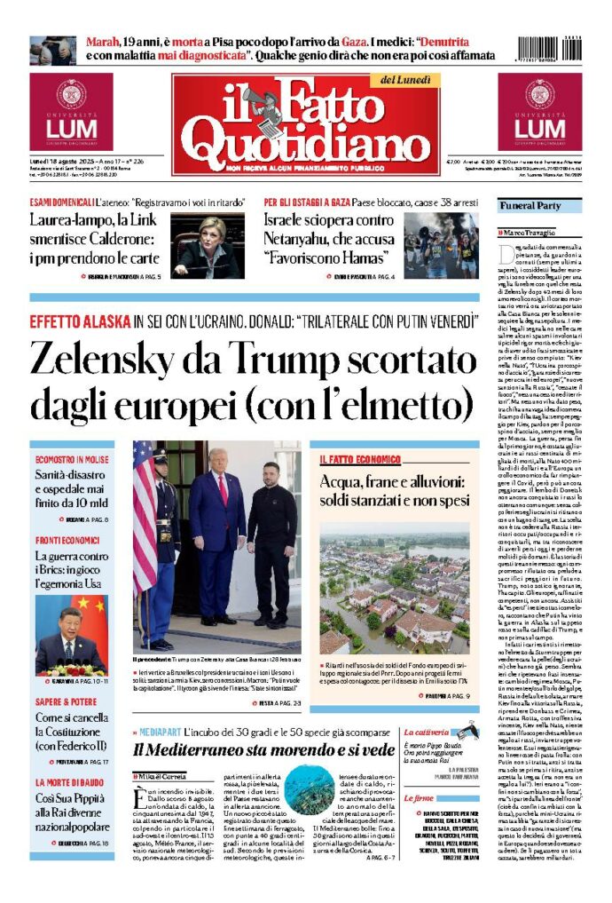 Copertina de Il Fatto Quotidiano di Lun 18 Agosto 2025