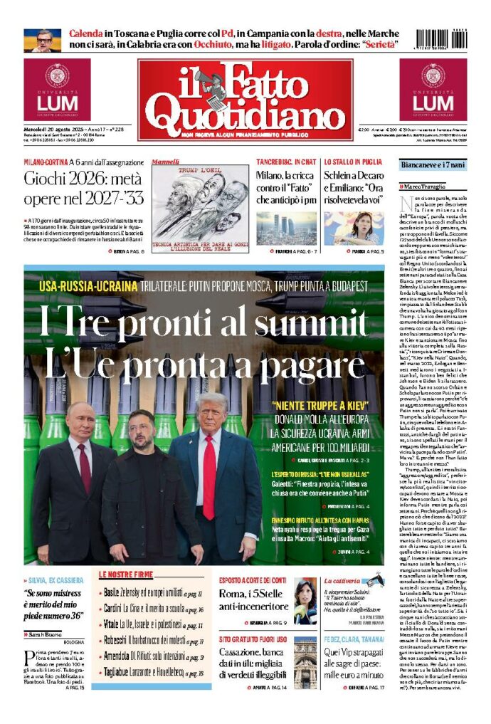 Copertina de Il Fatto Quotidiano di Mer 20 Agosto 2025