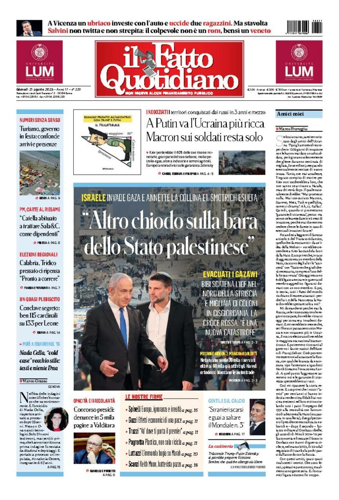 Copertina de Il Fatto Quotidiano di Gio 21 Agosto 2025