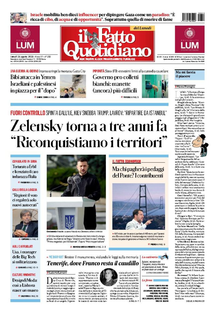 Copertina de Il Fatto Quotidiano di Lun 25 Agosto 2025