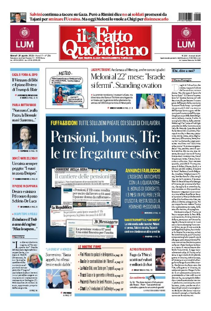 Copertina de Il Fatto Quotidiano di Gio 28 Agosto 2025