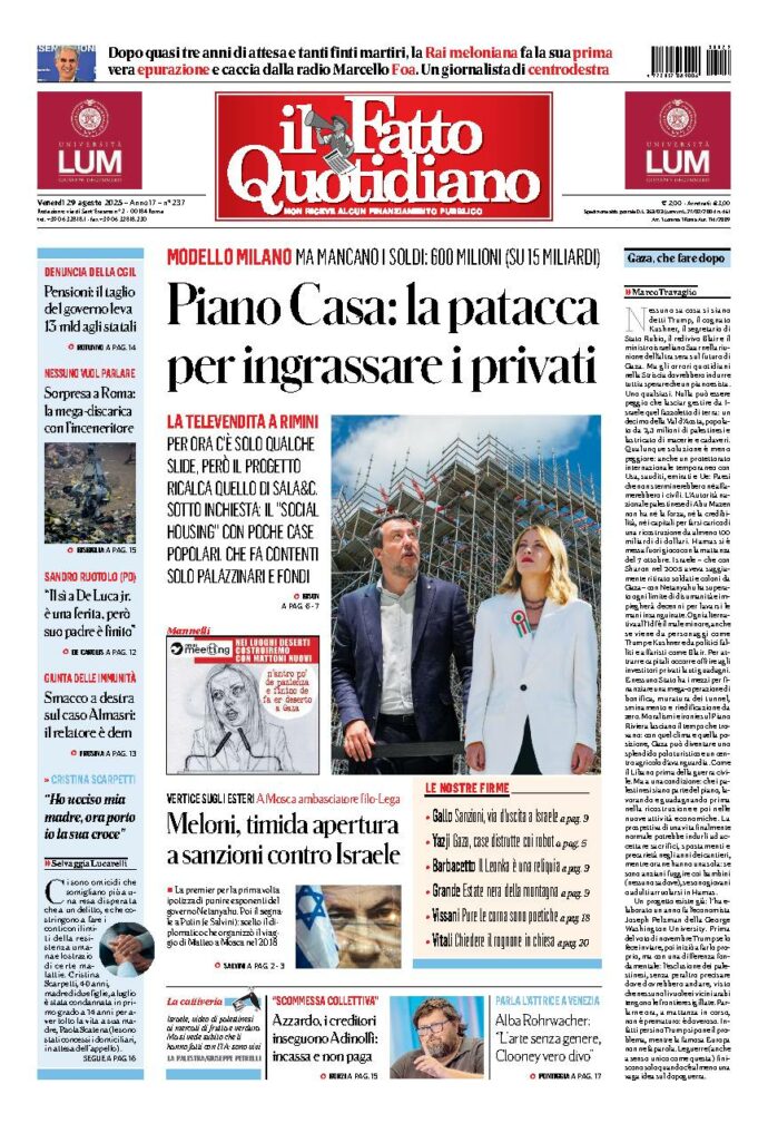 Copertina de Il Fatto Quotidiano di Ven 29 Agosto 2025
