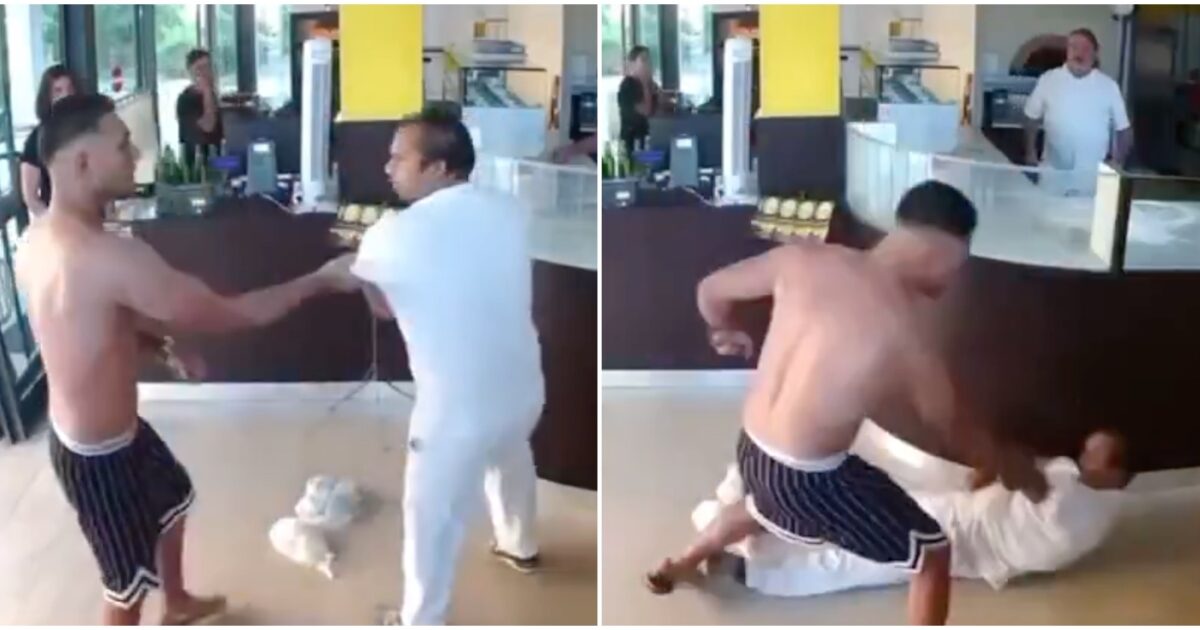 la tua pizza fa schifo un uomo entra a torso nudo nel ristorante e colpisce il pizzaiolo con un pugno in faccia il video fa il giro del web
