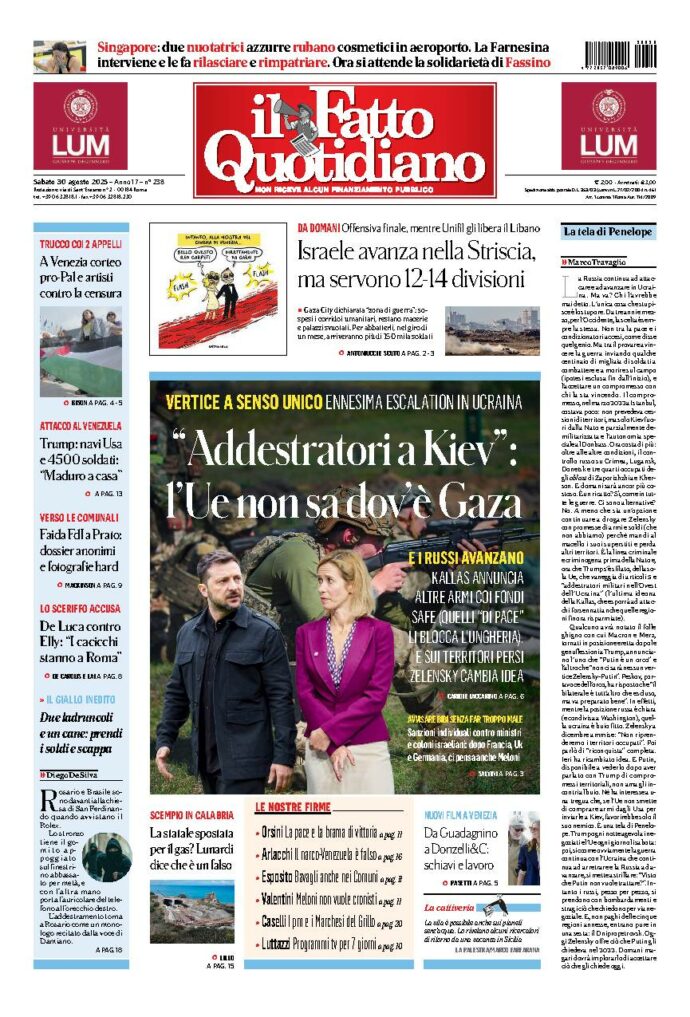 Copertina de Il Fatto Quotidiano di sabato 30 Agosto 2025