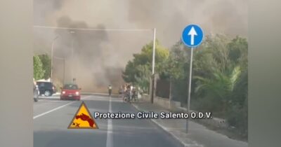 Copertina di Incendio in Salento vicino a case vacanze, più di cento persone evacuate: il video dei roghi che lambiscono le abitazioni
