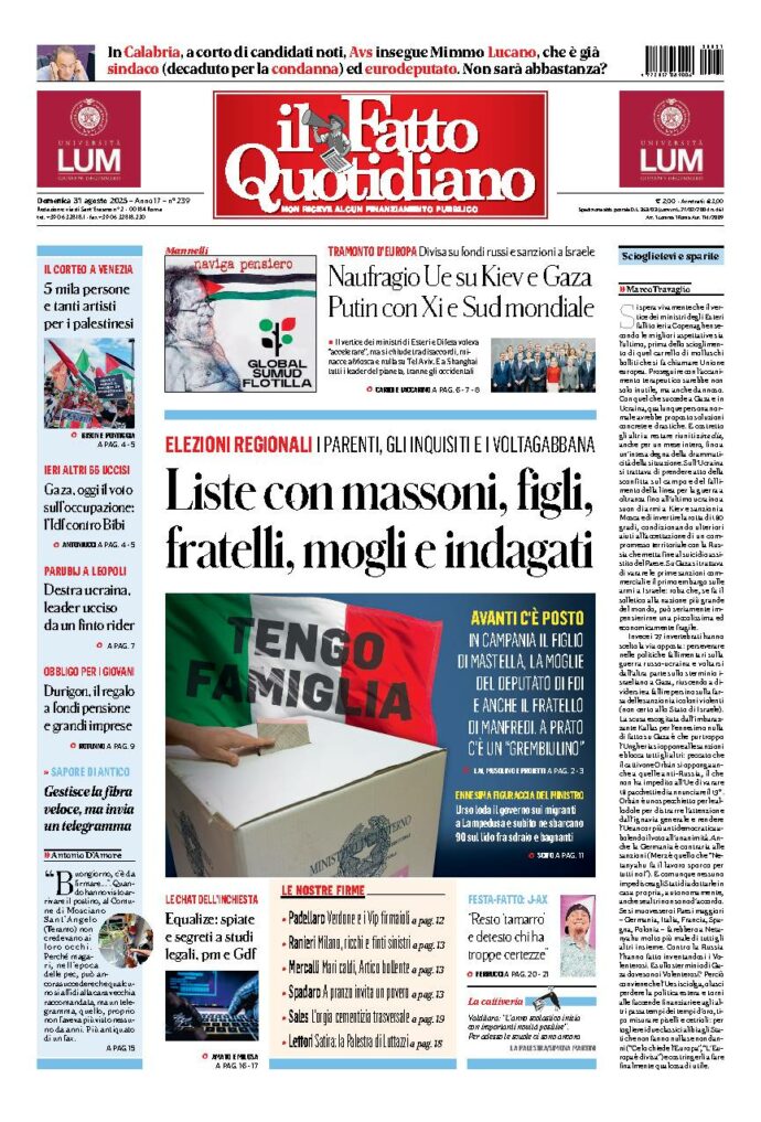 Copertina de Il Fatto Quotidiano di domenica 31 Agosto 2025