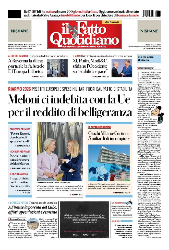 Copertina de Il Fatto Quotidiano di Lun 1 Settembre 2025