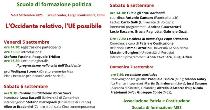 Al via il 5 settembre la scuola politica di Patria e Costituzione. Promossa per la prima volta con il Movimento 5 stelle