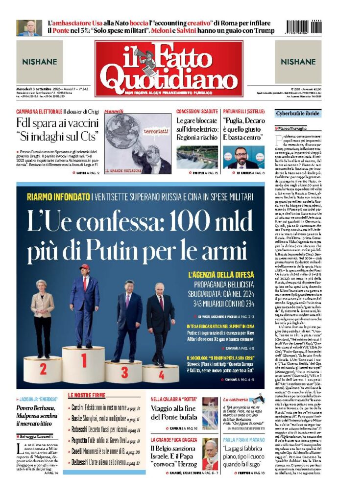 Copertina de Il Fatto Quotidiano di Mer 3 Settembre 2025