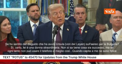 Copertina di Trump ironizza su von der Leyen: “Interferenze al Gps del suo volo? Se ogni tanto non può usare il telefono è meglio…”