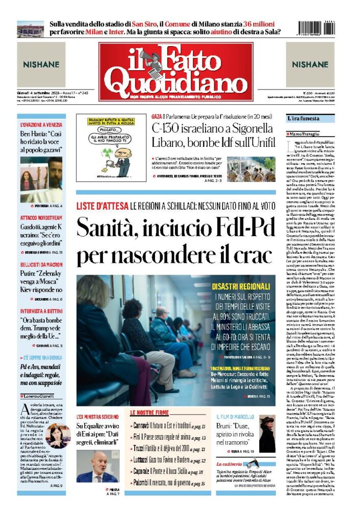 Copertina de Il Fatto Quotidiano di Gio 4 Settembre 2025