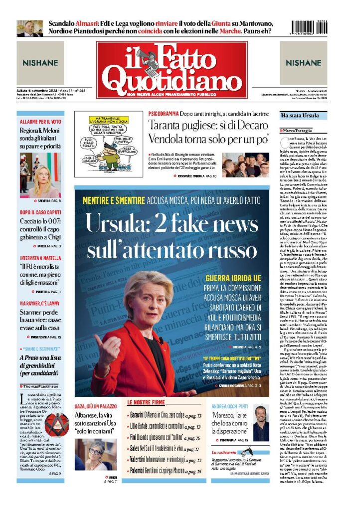 Copertina de Il Fatto Quotidiano di Sab 6 Settembre 2025