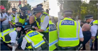 Copertina di Londra, veterano della Raf tra gli arrestati per il sostegno a Palestine Action: portato via di peso dalla polizia
