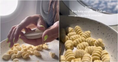 Copertina di “Quando odi il cibo degli aerei e quindi ti arrangi da sola”: influencer prepara gnocchi fatti a mano sul tavolino dell’aereo e scatta la polemica