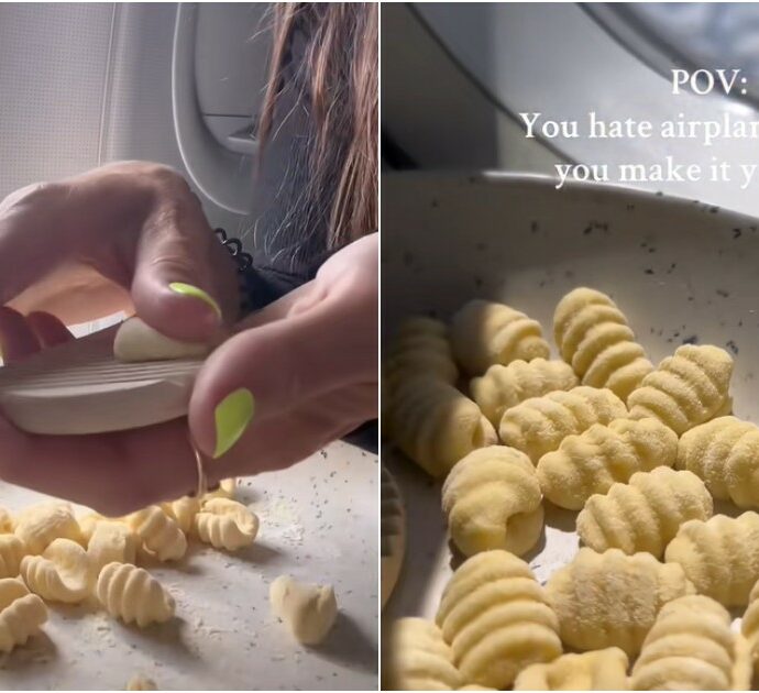 “Quando odi il cibo degli aerei e quindi ti arrangi da sola”: influencer prepara gnocchi fatti a mano sul tavolino dell’aereo e scatta la polemica