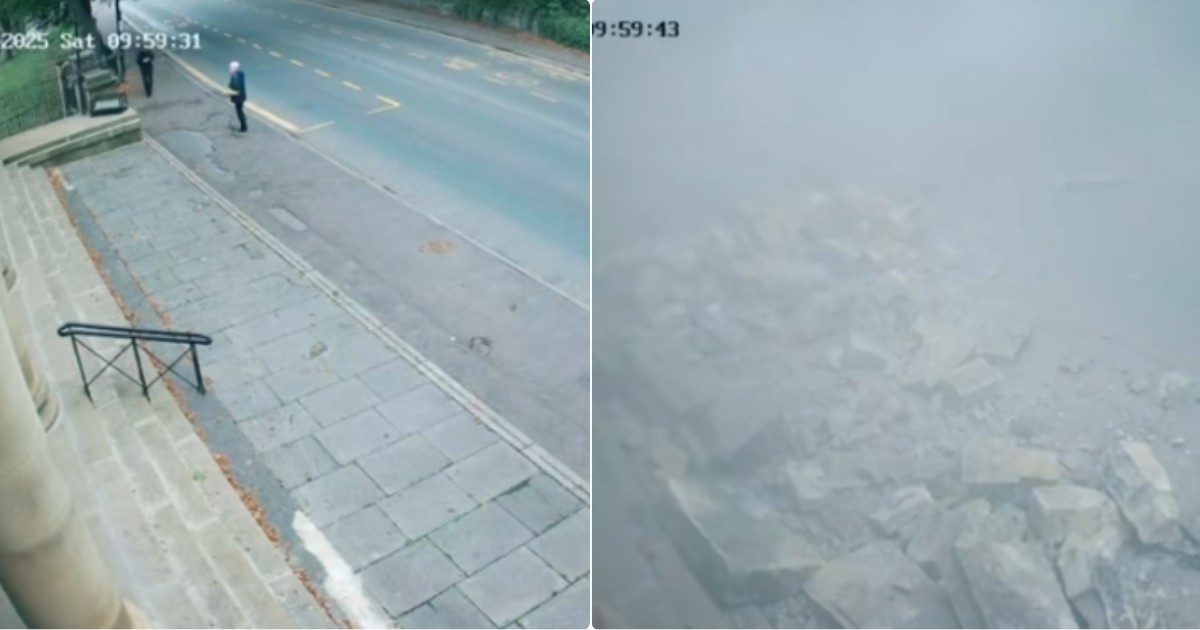 crolla la facciata di una chiesa blocchi di pietra precipitano a terra a pochi passi dai passanti tragedia sfiorata in strada