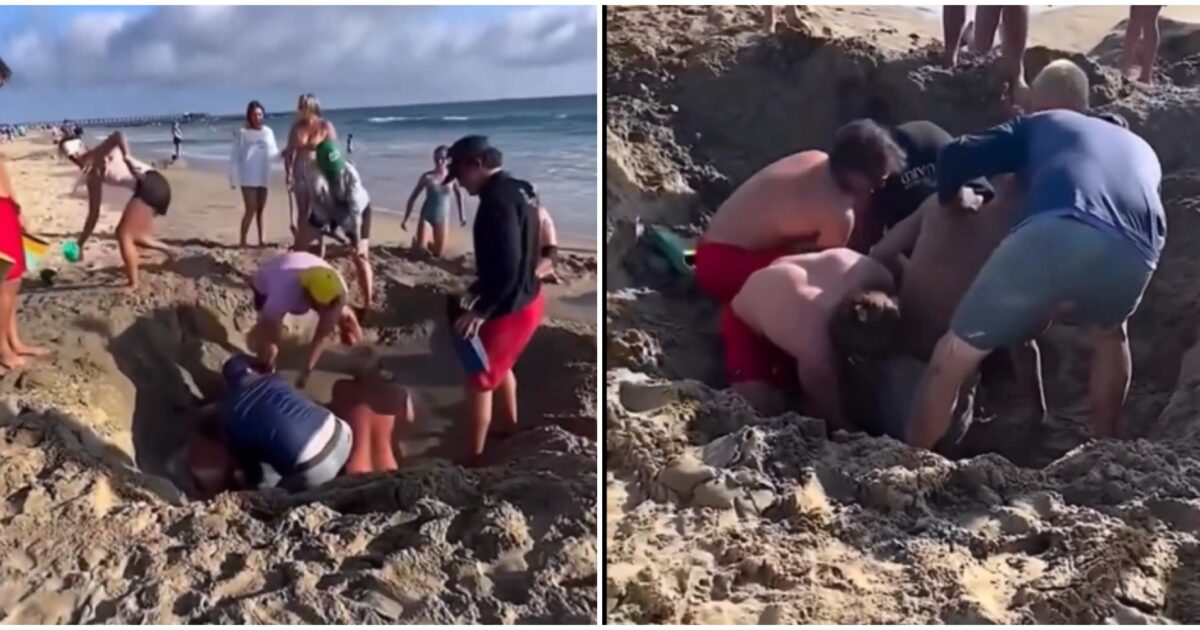 Buca in spiaggia si riempie d’acqua e i bambini restano intrappolati nella sabbia: il salvataggio è una corsa contro il tempo – VIDEO
