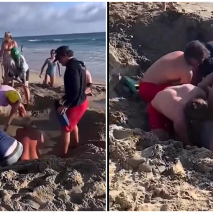 Buca in spiaggia si riempie d’acqua e i bambini restano intrappolati nella sabbia: il salvataggio è una corsa contro il tempo – VIDEO