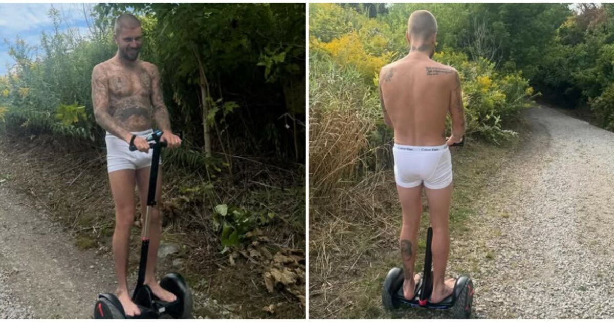 Justin Bieber in mutande sul monopattino: le foto della scarrozzata in mezzo alla natura sono virali