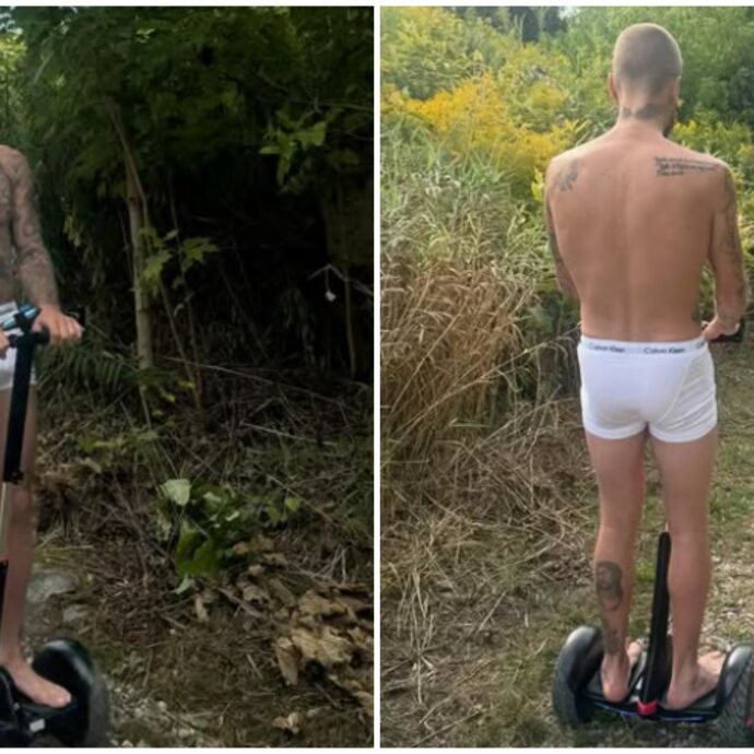 Justin Bieber in mutande sul monopattino: le foto della scarrozzata in mezzo alla natura sono virali