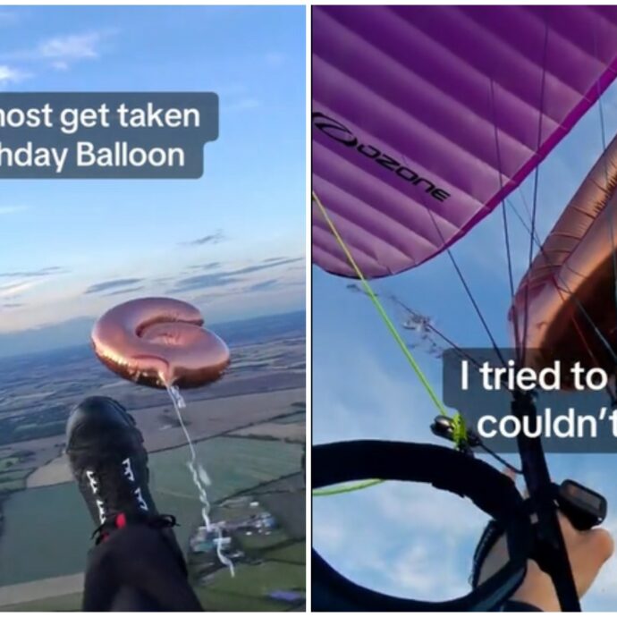 Il palloncino si incastra nel parapendio mentre il pilota è in volo: “Quando il compleanno di qualcuno significa quasi la tua morte” – VIDEO