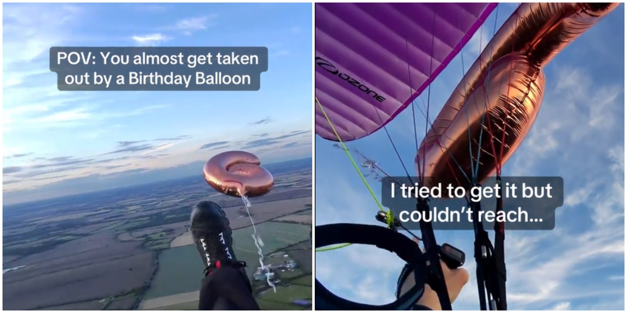 Il palloncino si incastra nel parapendio mentre il pilota è in volo: “Quando il compleanno di qualcuno significa quasi la tua morte” – VIDEO