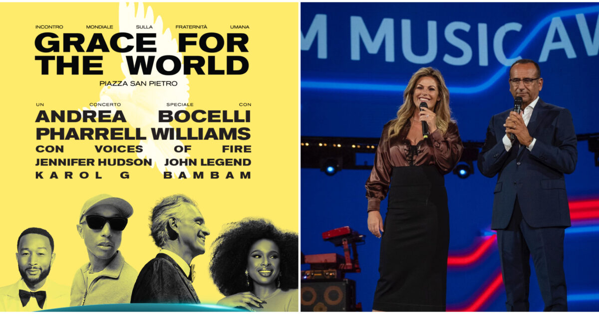 Sfida tra Tim Music Awards e Grace for the World in Vaticano di Andrea Bocelli e Pharrell Williams: si accende il sabato sera musicale tra Rai Uno e Rete4