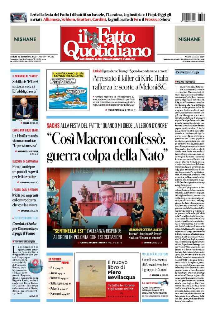Copertina de Il Fatto Quotidiano di Sab 13 Settembre 2025