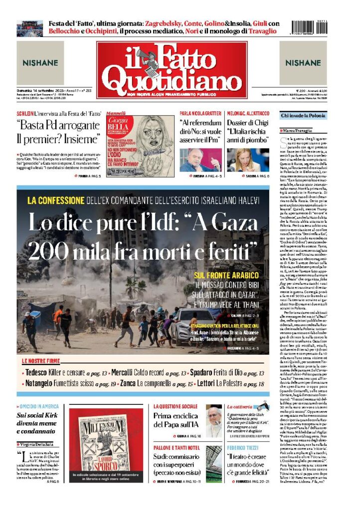 Copertina de Il Fatto Quotidiano di Dom 14 Settembre 2025