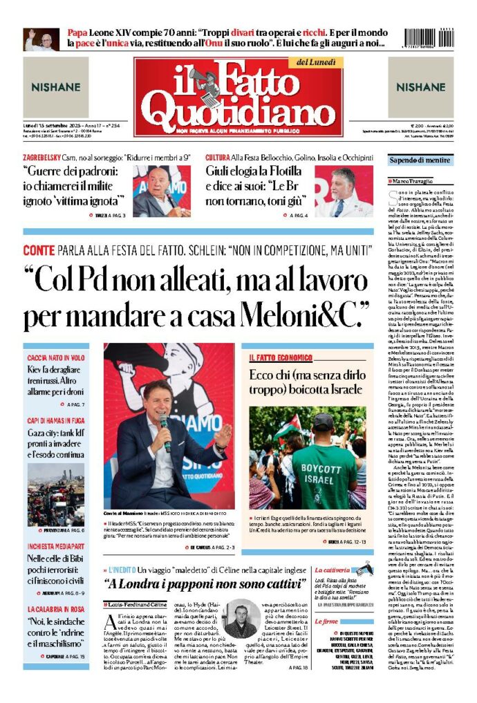 Copertina de Il Fatto Quotidiano di Lun 15 Settembre 2025