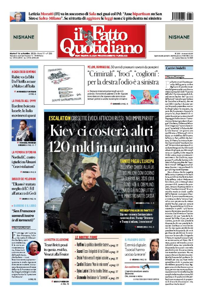 Copertina de Il Fatto Quotidiano di Mar 16 Settembre 2025