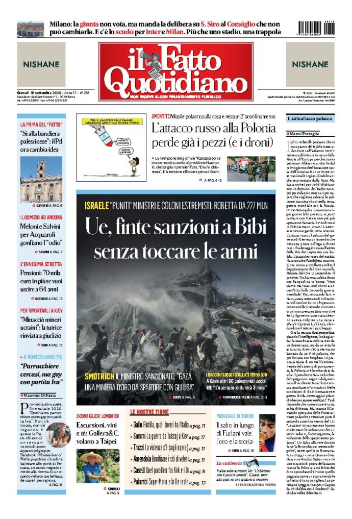Copertina de Il Fatto Quotidiano di Gio 18 Settembre 2025